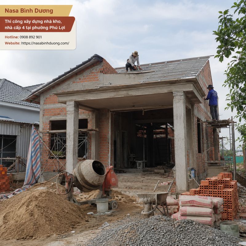 Thi công xây dựng nhà kho, nhà cấp 4 tại phường Phú Lợi