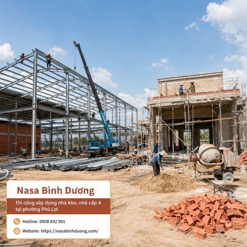 Thi công xây dựng nhà kho, nhà cấp 4 tại phường Phú Lợi