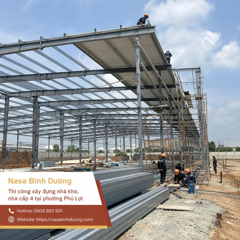 Thi công xây dựng nhà kho, nhà cấp 4 tại phường Phú Lợi