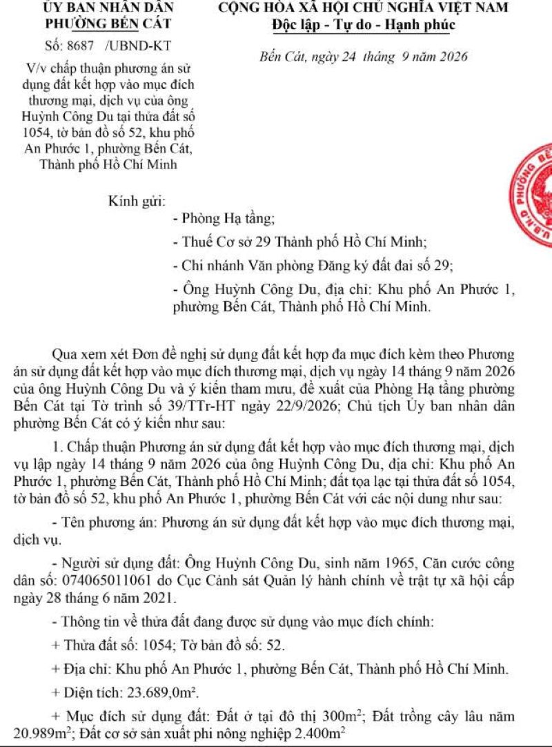 Xin chuyển đổi đất đa mục đích tại phường Bến Cát