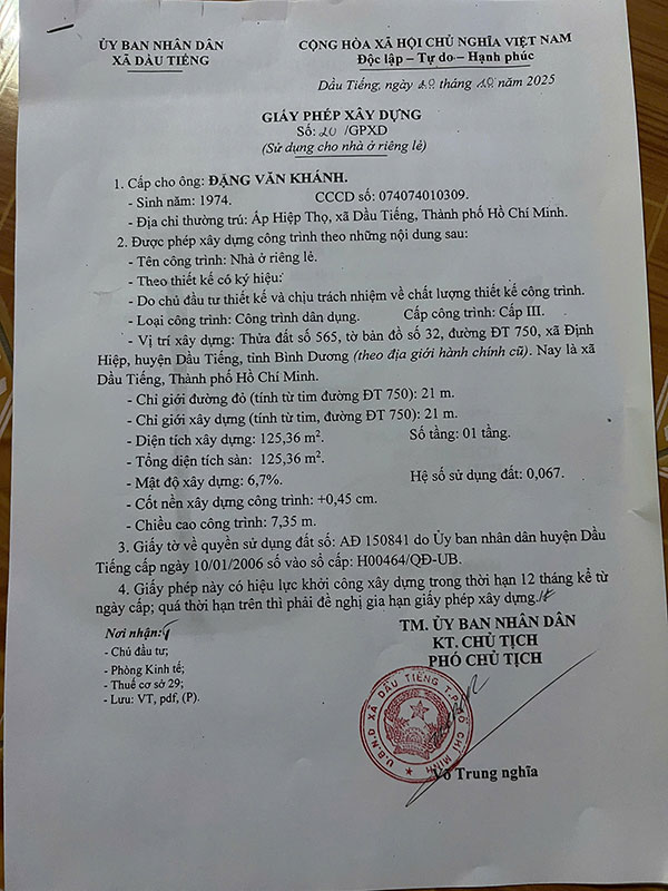 xin phép xây dựng tại Dầu Tiếng