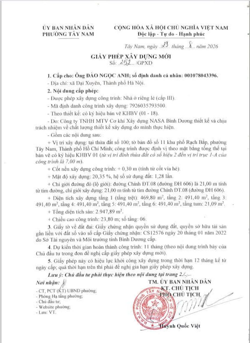 xin phép xây dựng tại phường Tây Nam
