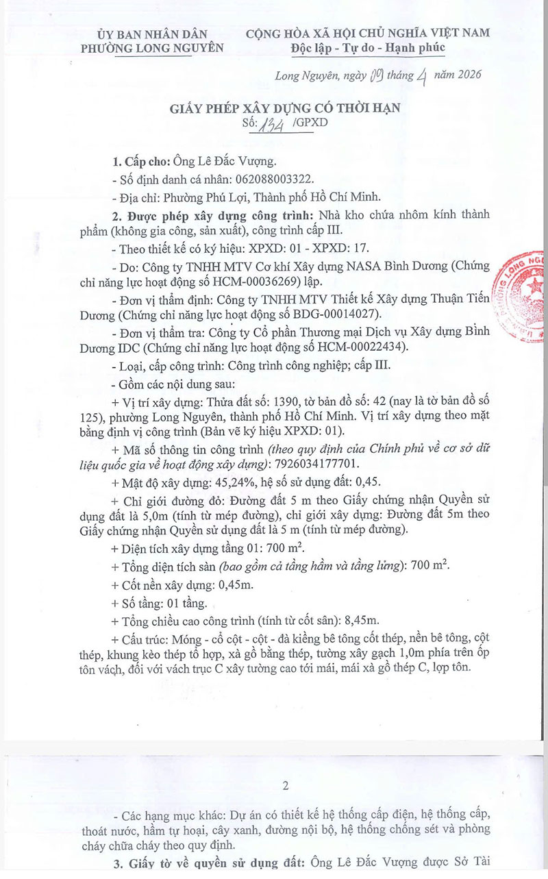 Xin phép xây dựng nhà kho phường Long Nguyên