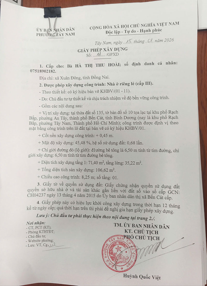 xin phép xây dựng tại phường Tây Nam